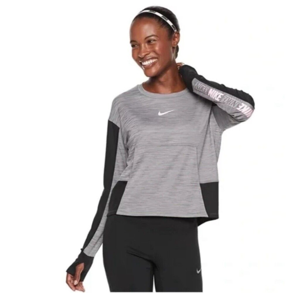 Nike Running Pacer Dri Fit Crew Neck Long Sleeve Womens M Gray Pocket Thumb Hole